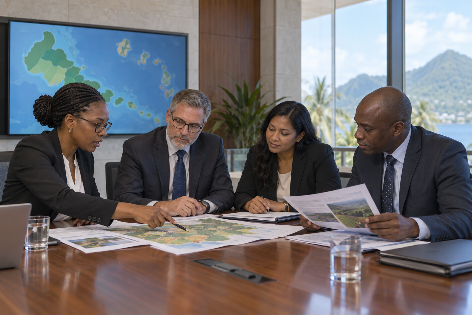 Illustrative Caribbean government planning team reviewing agricultural maps in a formal boardroom