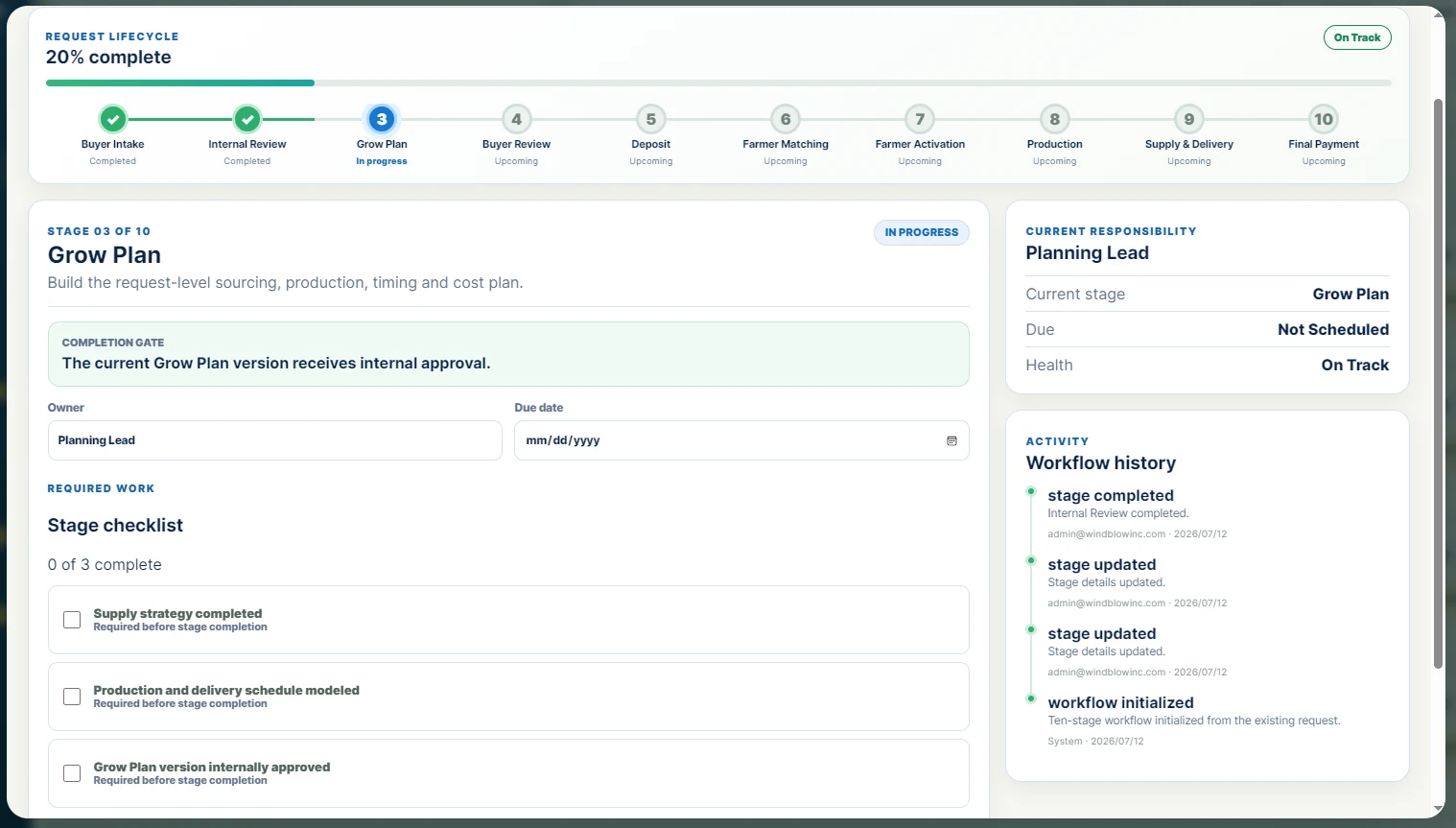 NuGrow Genesis request lifecycle and grow plan workflow