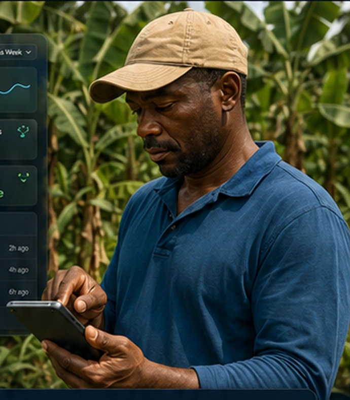 Farmer using a digital tablet in a tropical field